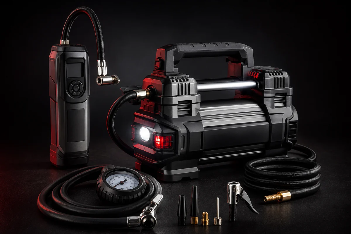Portable tire inflators, air hoses, gauges, and adapters
